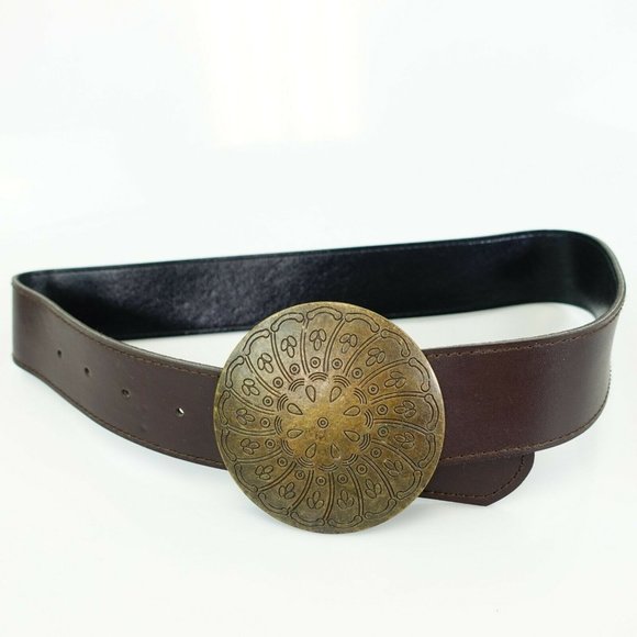 Women's Leather Brown Dress Belt 27.5 Brass Circle Buckle Boho - Picture 1 of 10